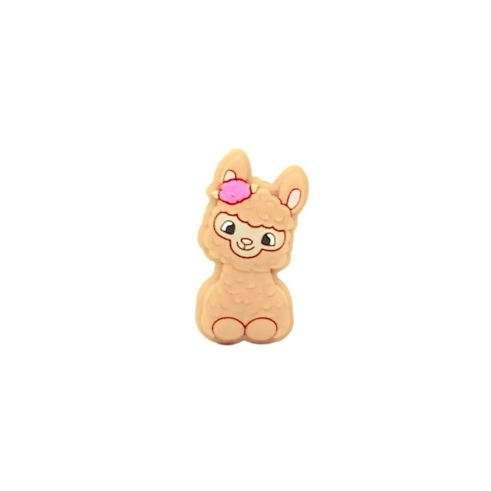 Ten colorful silicone llama alpaca focal beads in white, pink, light pink, cream, peach, green, gray, yellow, blue, and dark brown, displayed in two rows on a white background. - Orange