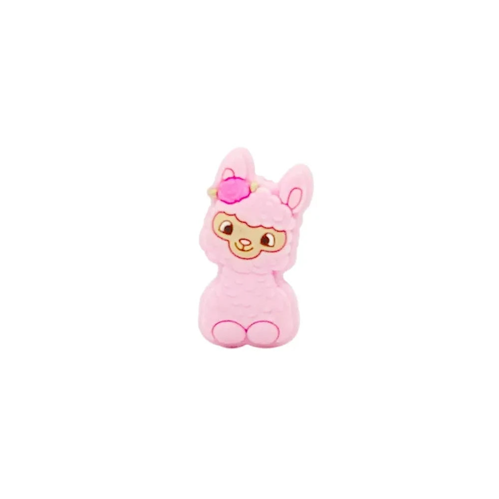 Ten colorful silicone llama alpaca focal beads in white, pink, light pink, cream, peach, green, gray, yellow, blue, and dark brown, displayed in two rows on a white background. - Pink