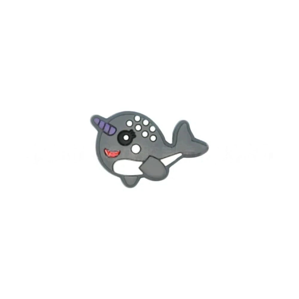 Set of 5 kawaii narwhal silicone focal beads in teal, mint, pink, light blue, gray, and dark gray, displayed on a miniature white bench with blue background. - 1
