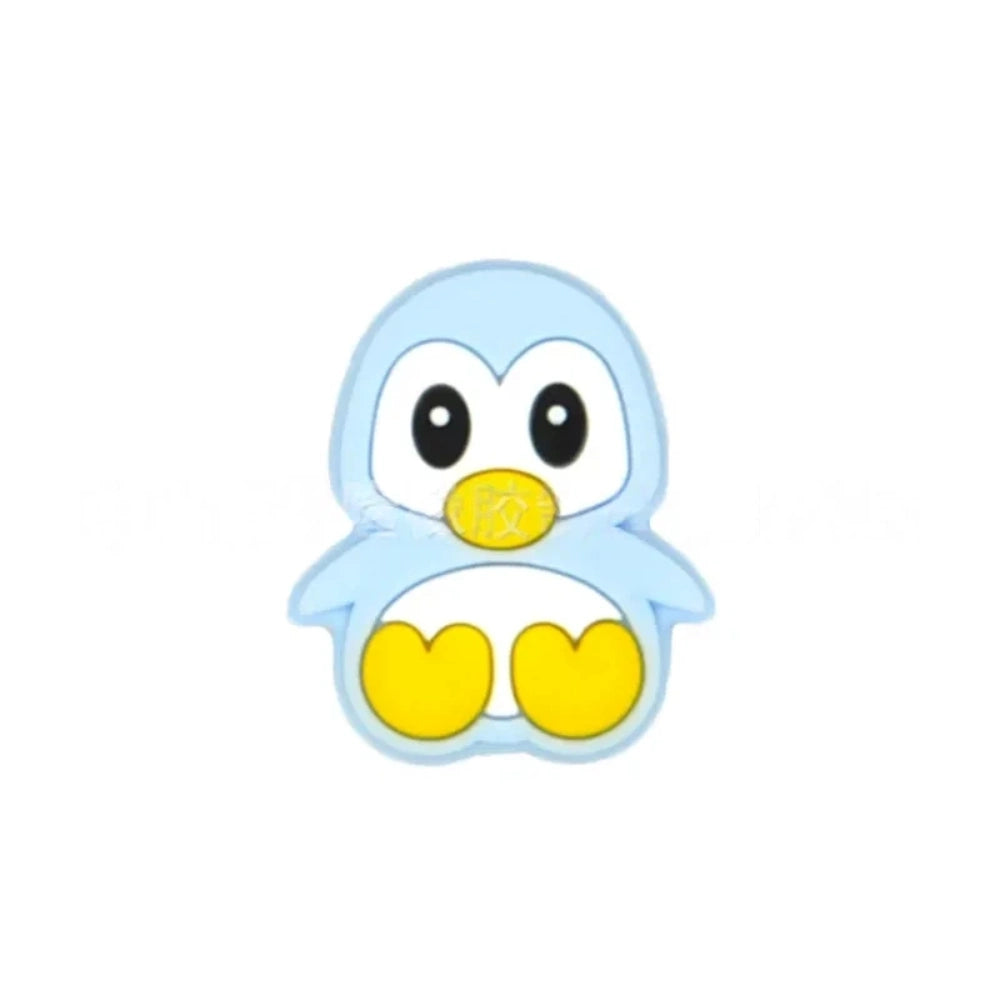 Assorted color cute cartoon penguin silicone focal beads in black, pink, gray, blue, and mint green on a light blue background, perfect for beadable pens, keychains, and badge reels. - 2