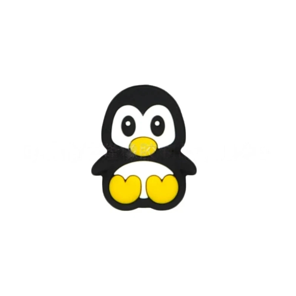 Assorted color cute cartoon penguin silicone focal beads in black, pink, gray, blue, and mint green on a light blue background, perfect for beadable pens, keychains, and badge reels. - 3