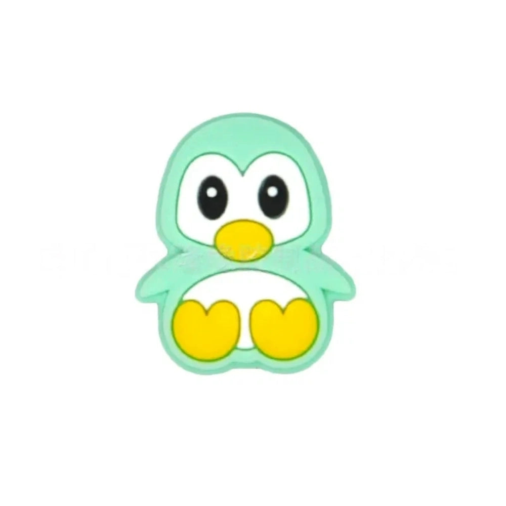 Assorted color cute cartoon penguin silicone focal beads in black, pink, gray, blue, and mint green on a light blue background, perfect for beadable pens, keychains, and badge reels. - 4