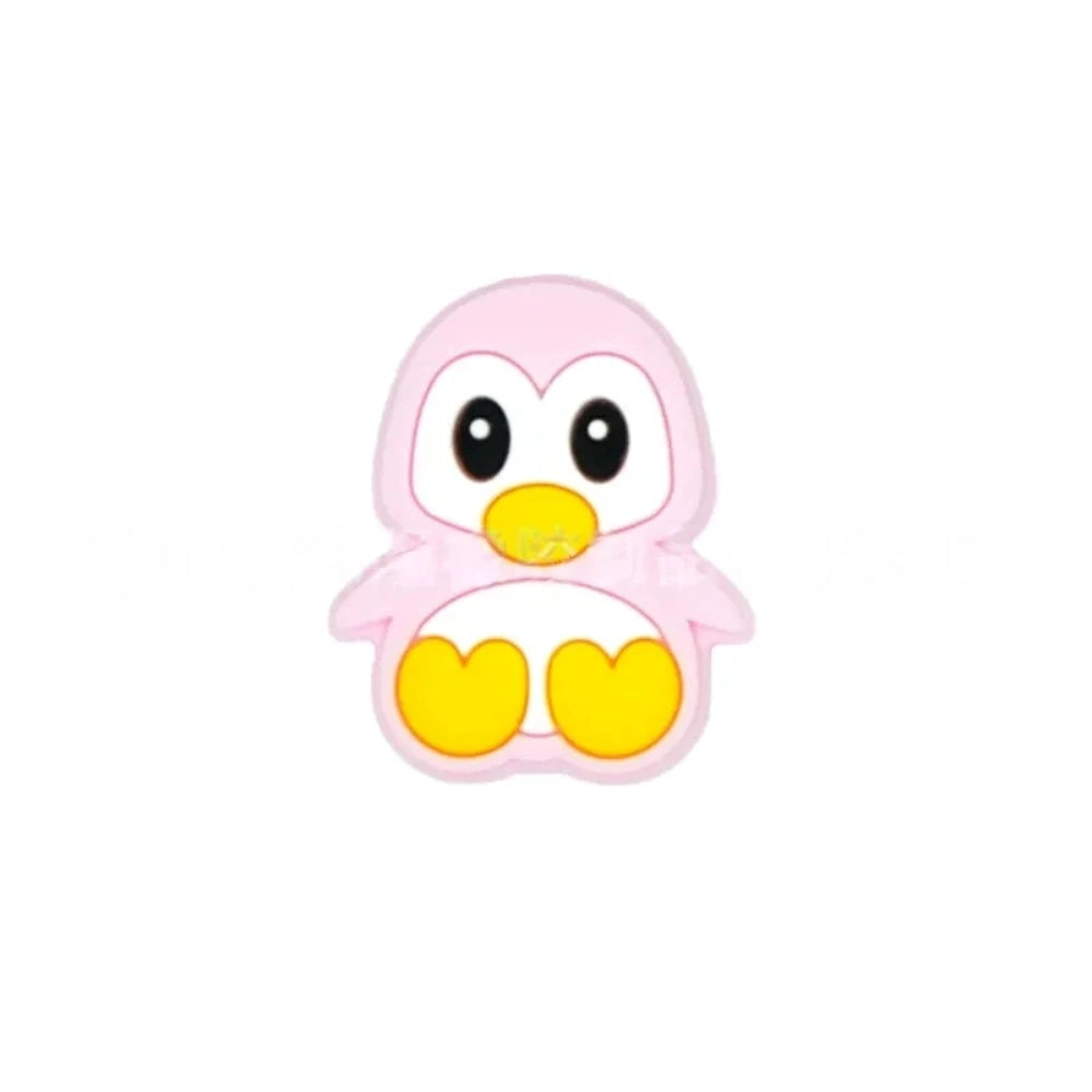 Assorted color cute cartoon penguin silicone focal beads in black, pink, gray, blue, and mint green on a light blue background, perfect for beadable pens, keychains, and badge reels. - 5