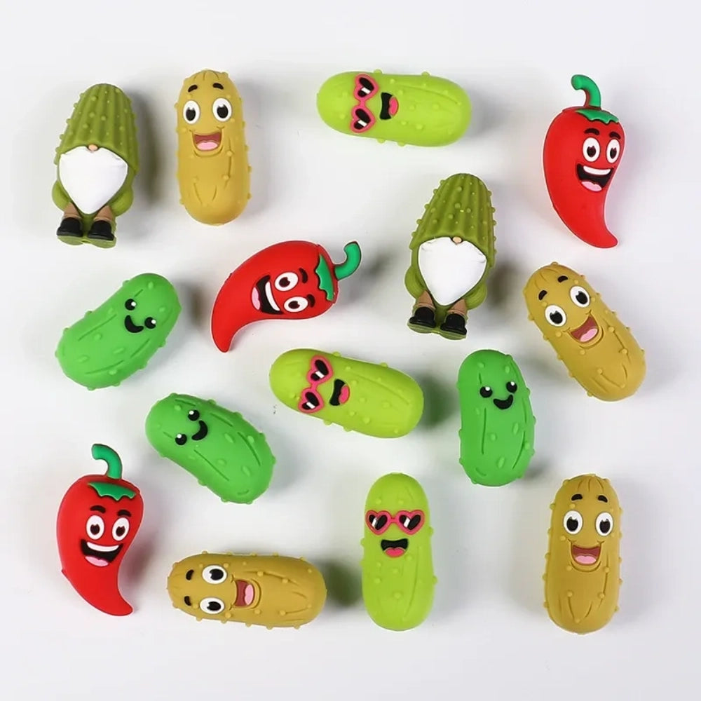 Assorted silicone focal beads shaped like pickles, red chili peppers, and gnomes with cartoon faces, in green, yellow-green, and red colors for DIY crafts. - Random Mixed