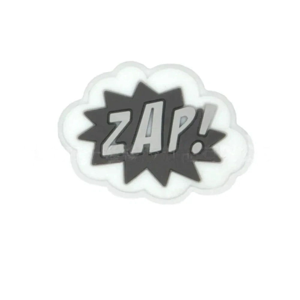Colorful POW, BOOM, and ZAP superhero comic book silicone focal beads in blue, yellow, and light blue displayed on a white shell dish, perfect for beadable pens, keychains, and badge reels. - 5