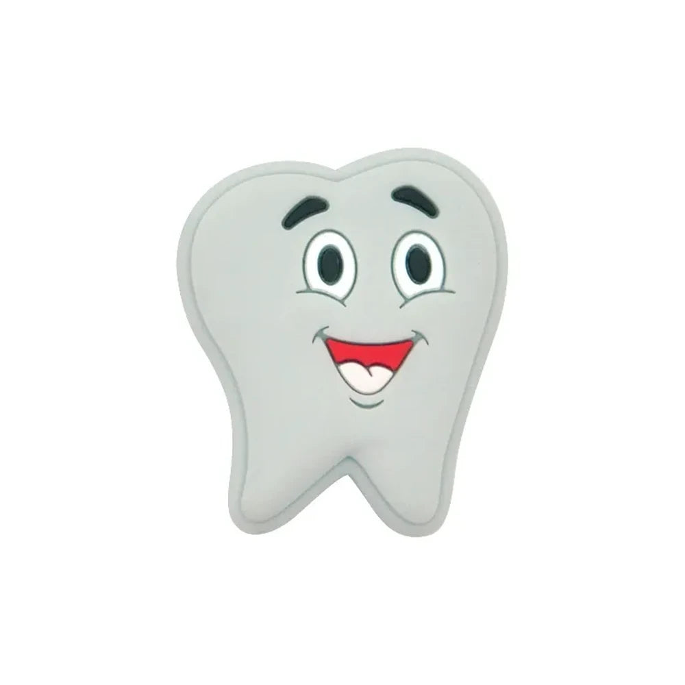 Assorted pastel smiling tooth shaped silicone focal beads in white, pink, blue, green, and gray with cartoon faces, strung on cord and displayed in a white tray on a blue background. - Light Gray