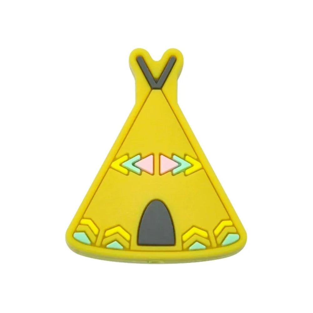 Assorted colorful silicone teepee flatback focal beads in pink, purple, mustard, sage, gray, blue, and brown with tribal arrow decorations, spread on white background. - 1