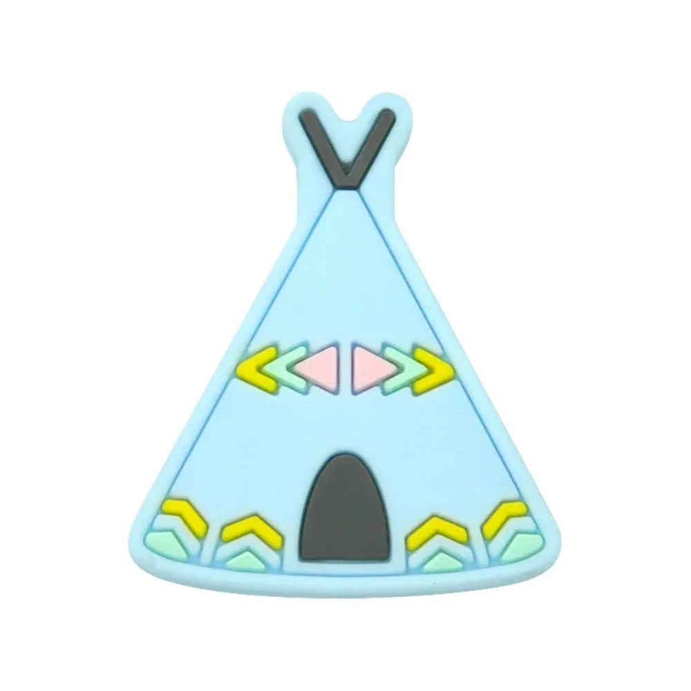 Assorted colorful silicone teepee flatback focal beads in pink, purple, mustard, sage, gray, blue, and brown with tribal arrow decorations, spread on white background. - 2