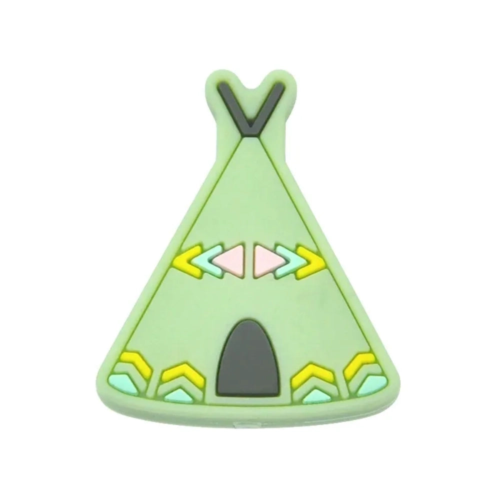 Assorted colorful silicone teepee flatback focal beads in pink, purple, mustard, sage, gray, blue, and brown with tribal arrow decorations, spread on white background. - 3