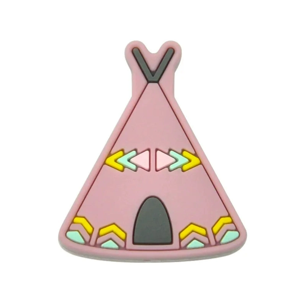 Assorted colorful silicone teepee flatback focal beads in pink, purple, mustard, sage, gray, blue, and brown with tribal arrow decorations, spread on white background. - 4