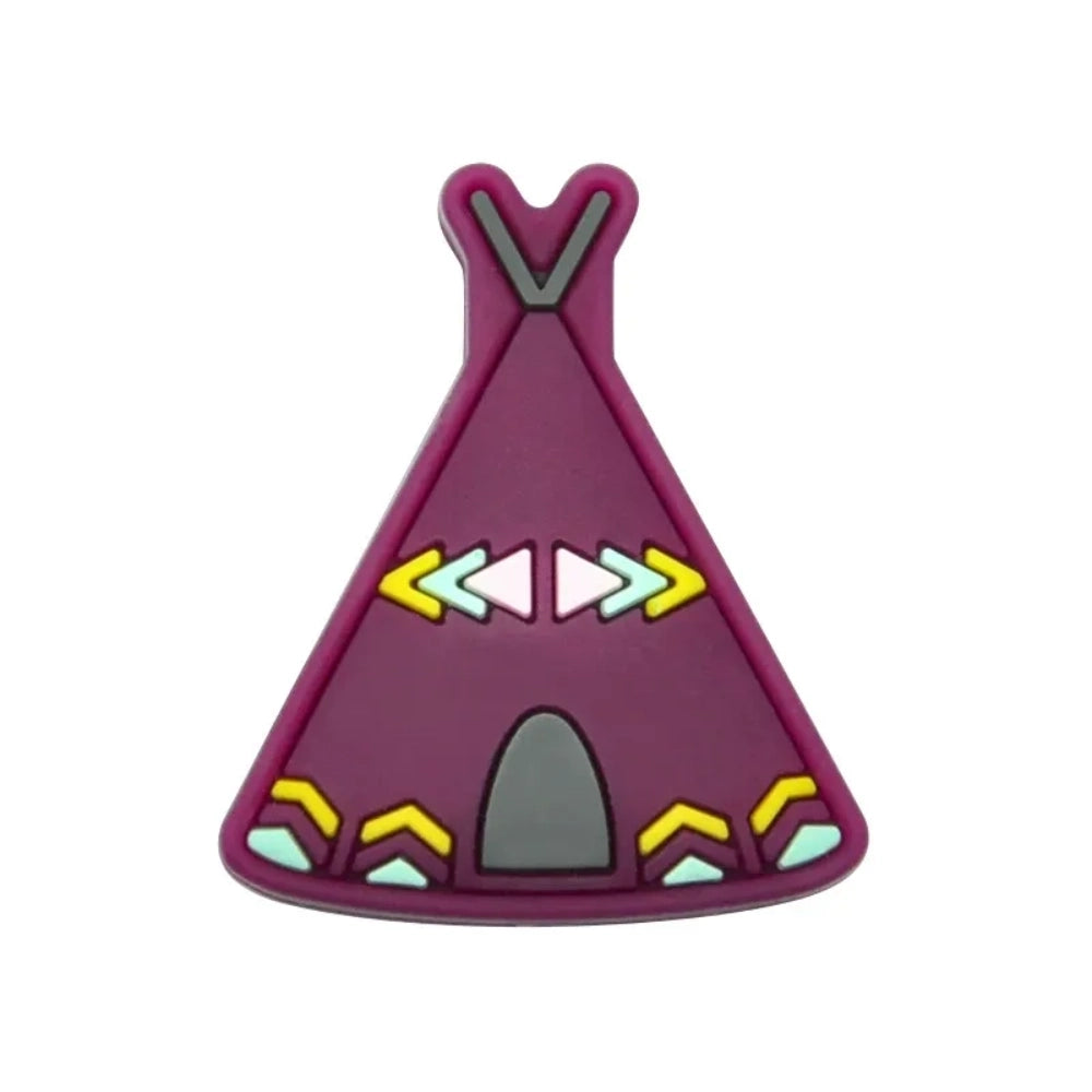 Assorted colorful silicone teepee flatback focal beads in pink, purple, mustard, sage, gray, blue, and brown with tribal arrow decorations, spread on white background. - 5