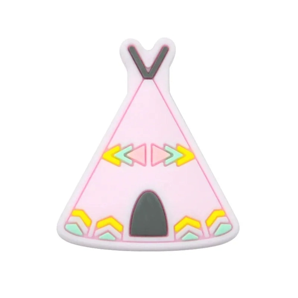 Assorted colorful silicone teepee flatback focal beads in pink, purple, mustard, sage, gray, blue, and brown with tribal arrow decorations, spread on white background. - 6