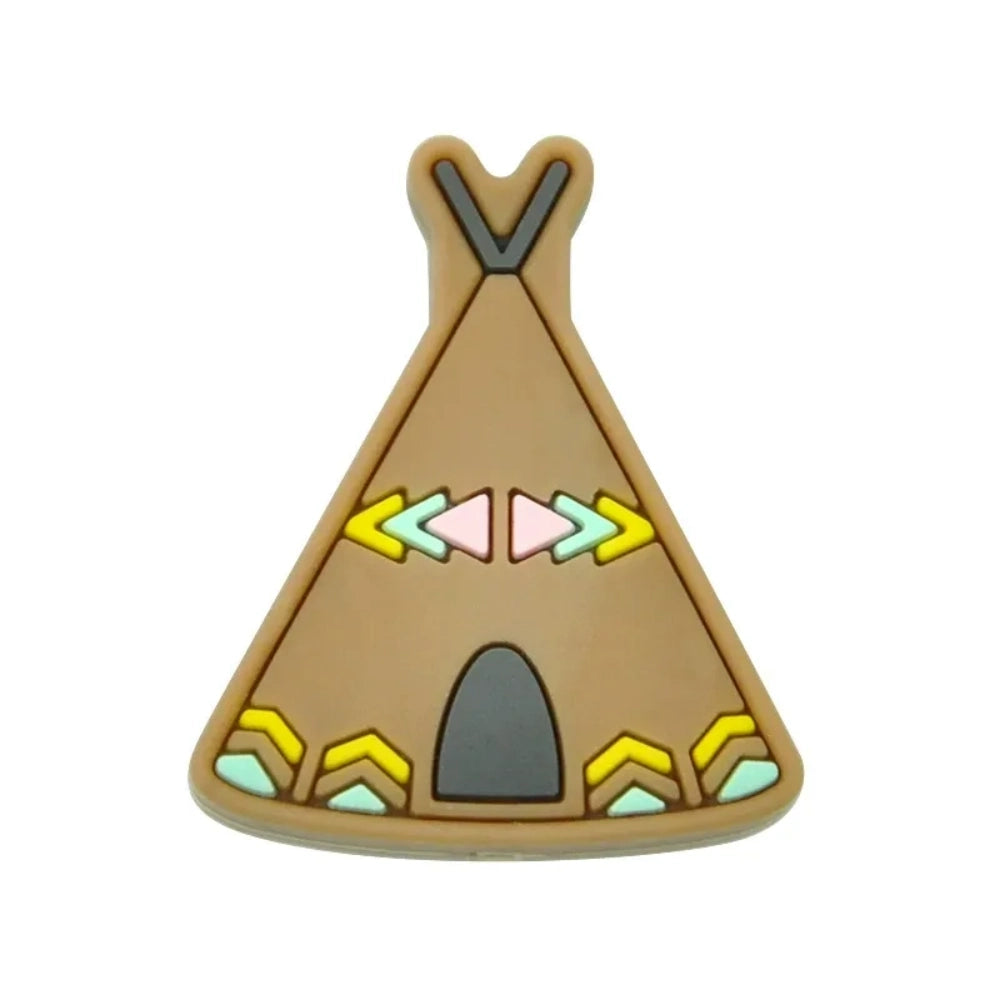 Assorted colorful silicone teepee flatback focal beads in pink, purple, mustard, sage, gray, blue, and brown with tribal arrow decorations, spread on white background. - 7