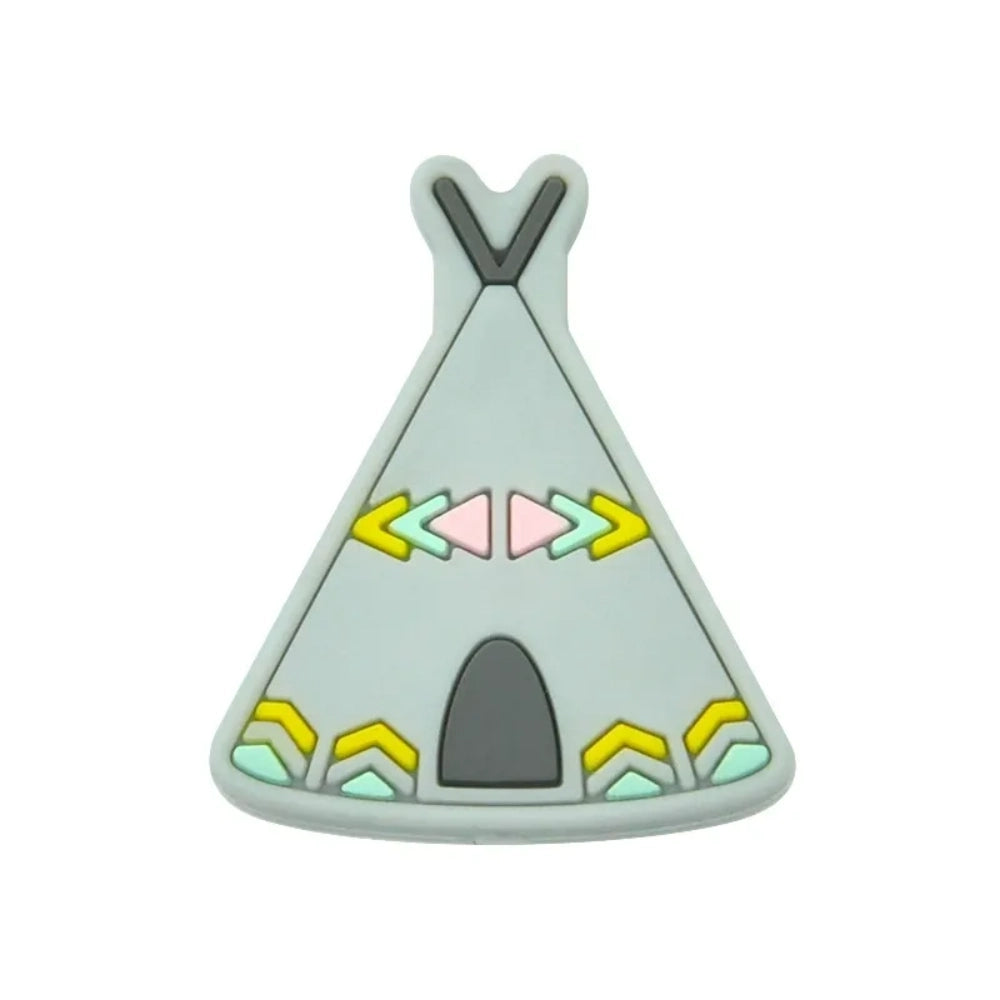 Assorted colorful silicone teepee flatback focal beads in pink, purple, mustard, sage, gray, blue, and brown with tribal arrow decorations, spread on white background. - 8