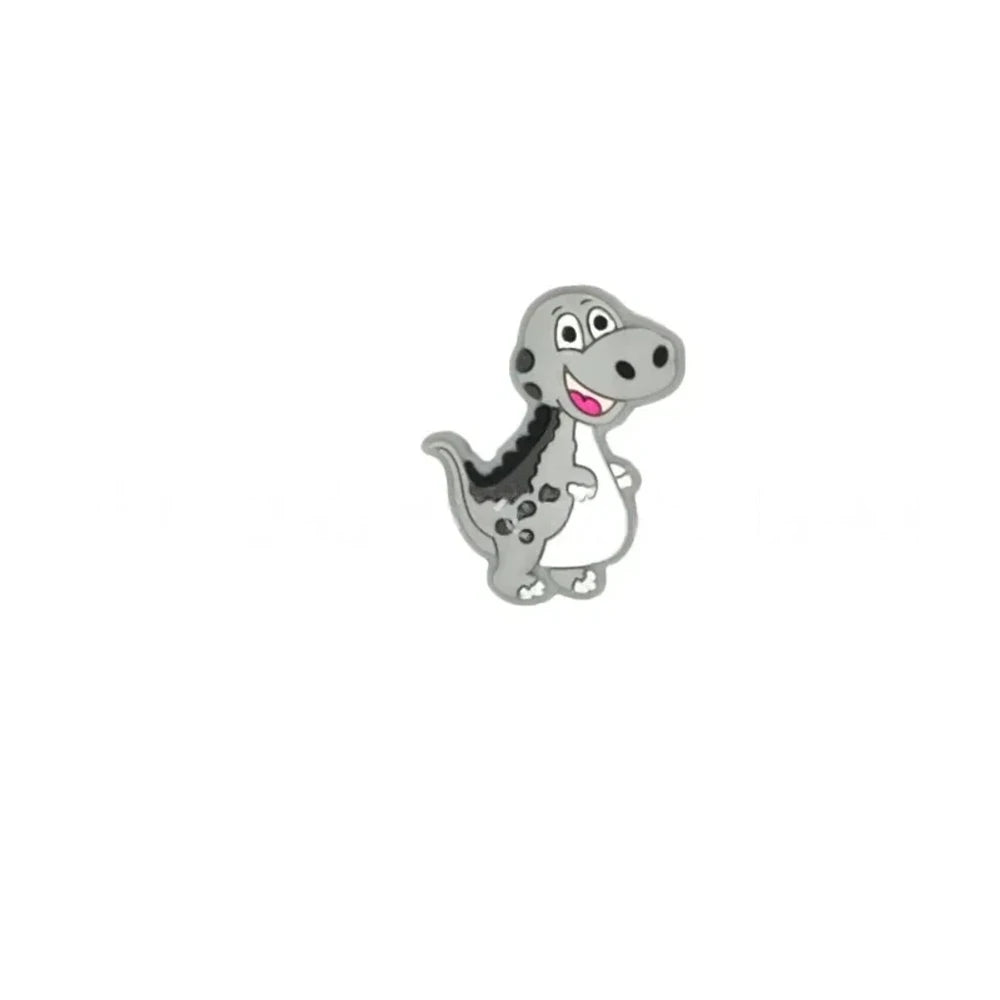 Set of 6 colorful cartoon T-Rex dinosaur silicone focal beads in pink, yellow-green, gray, blue-gray, mint green, and dark gray for DIY jewelry making and beadable pens. - Light Gray