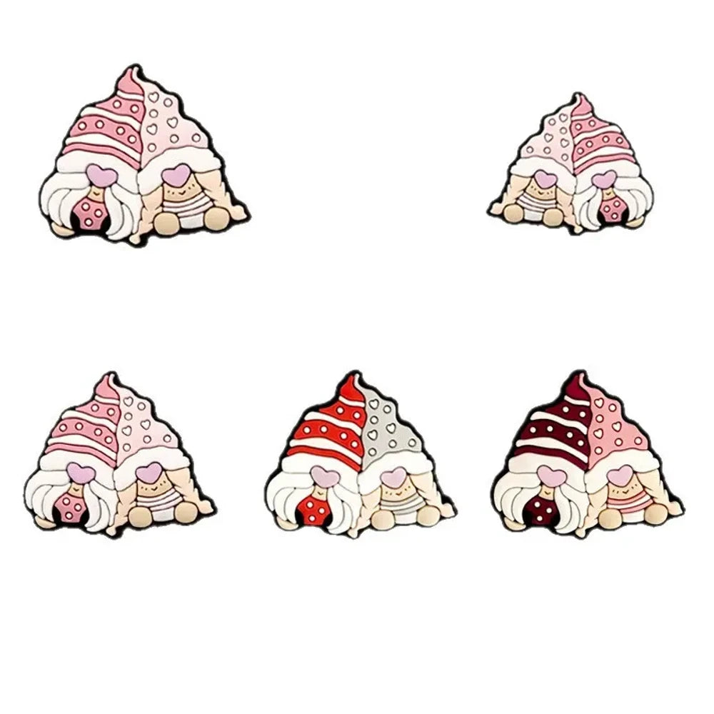 Set of 5 Valentine gnome couple silicone focal beads in pink, red, and burgundy colorways featuring heart noses and striped hats, for beadable pens and keychains.