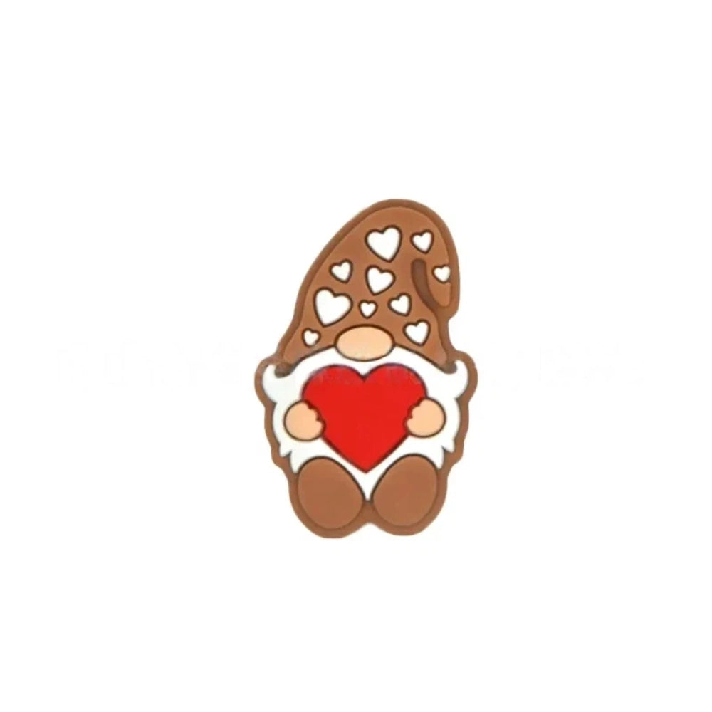 Assorted color Valentine gnome silicone focal beads holding red hearts, available in pink, brown, black, green, lavender, gray, blue, and mint, shown from front and back angles. - 1