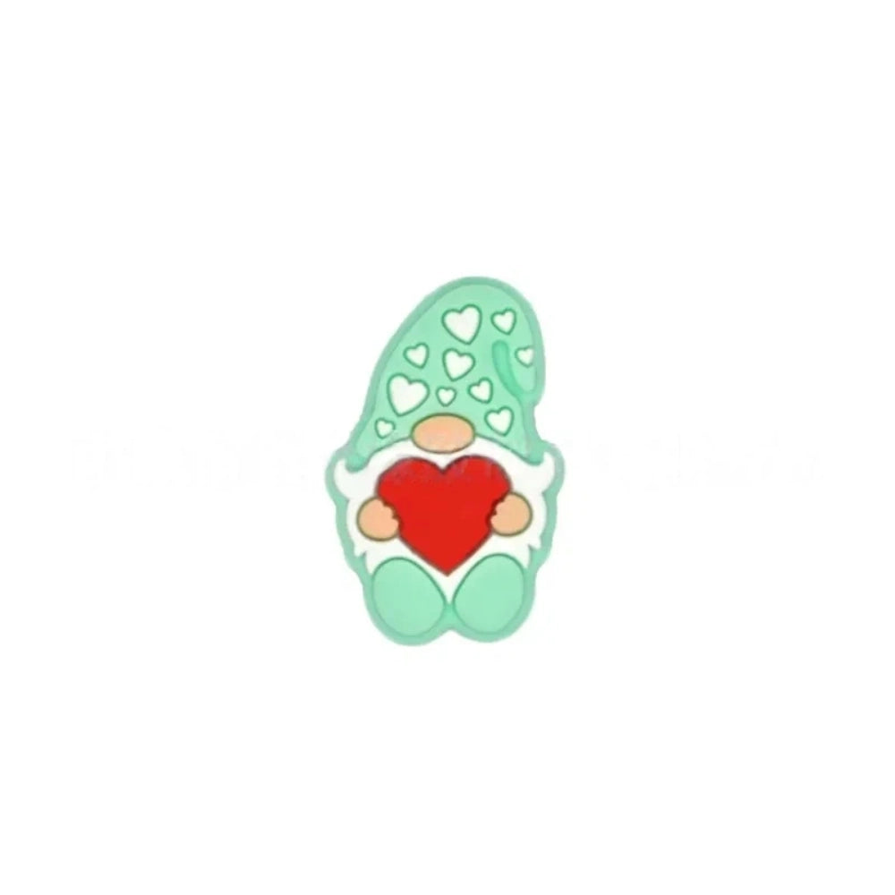 Assorted color Valentine gnome silicone focal beads holding red hearts, available in pink, brown, black, green, lavender, gray, blue, and mint, shown from front and back angles. - 2