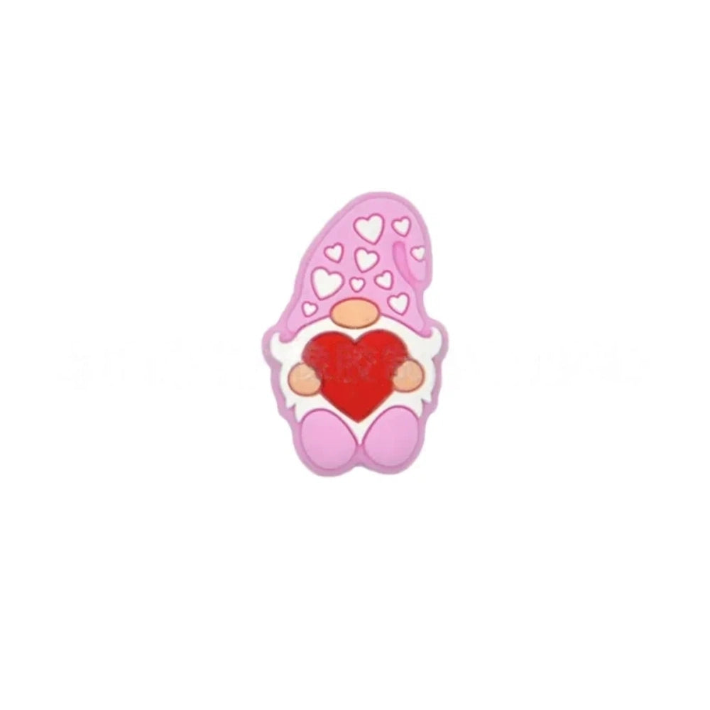 Assorted color Valentine gnome silicone focal beads holding red hearts, available in pink, brown, black, green, lavender, gray, blue, and mint, shown from front and back angles. - 4