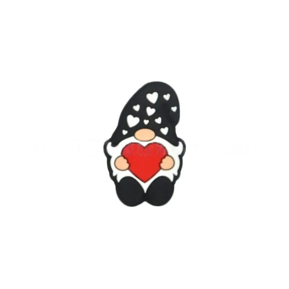 Assorted color Valentine gnome silicone focal beads holding red hearts, available in pink, brown, black, green, lavender, gray, blue, and mint, shown from front and back angles. - 5