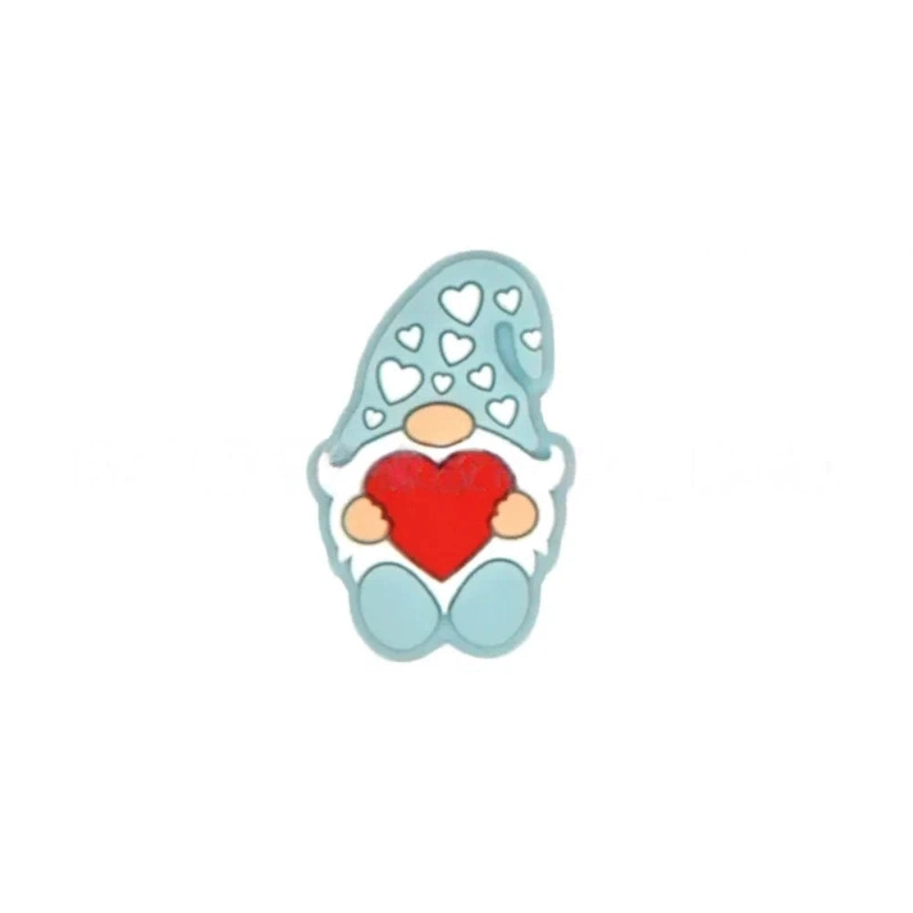 Assorted color Valentine gnome silicone focal beads holding red hearts, available in pink, brown, black, green, lavender, gray, blue, and mint, shown from front and back angles. - 6