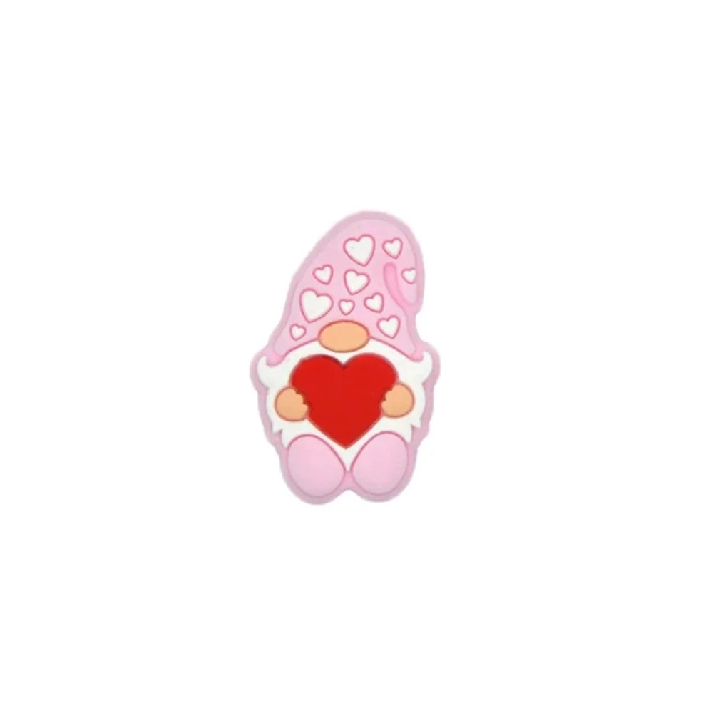 Assorted color Valentine gnome silicone focal beads holding red hearts, available in pink, brown, black, green, lavender, gray, blue, and mint, shown from front and back angles. - 7