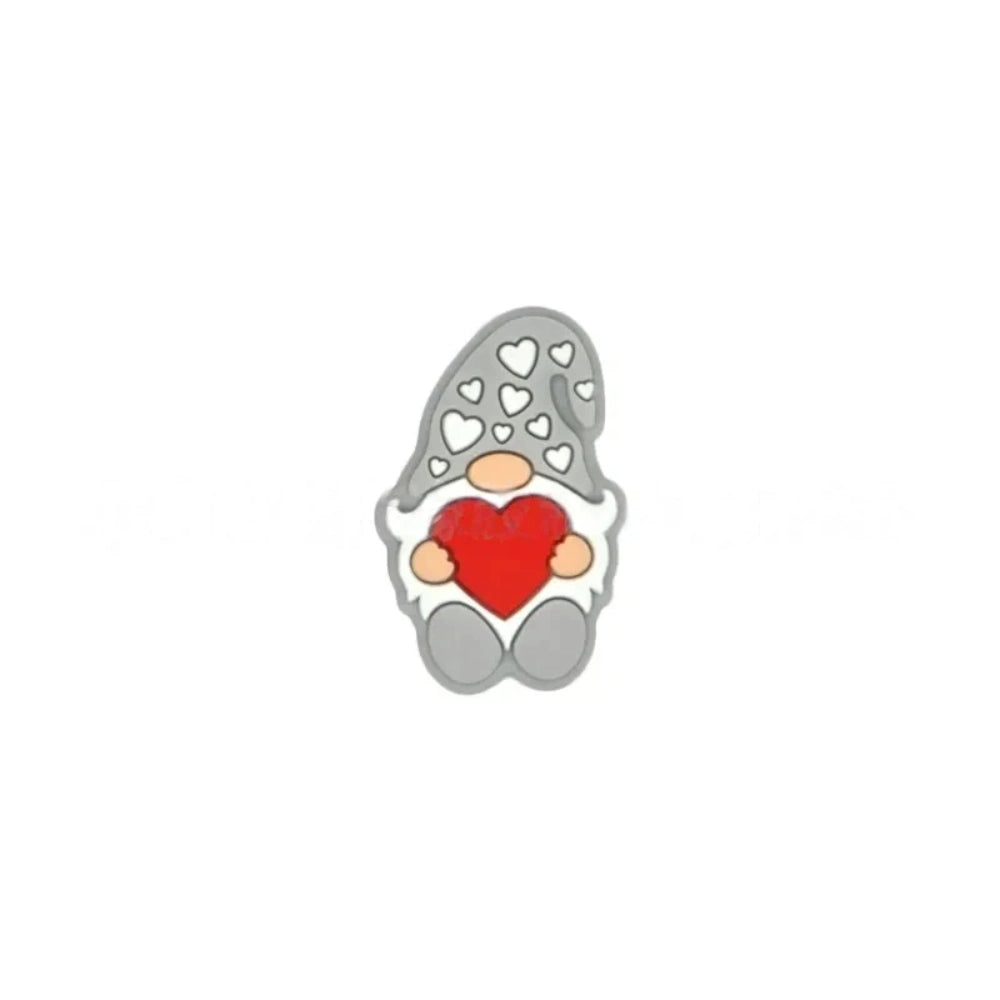 Assorted color Valentine gnome silicone focal beads holding red hearts, available in pink, brown, black, green, lavender, gray, blue, and mint, shown from front and back angles. - 9
