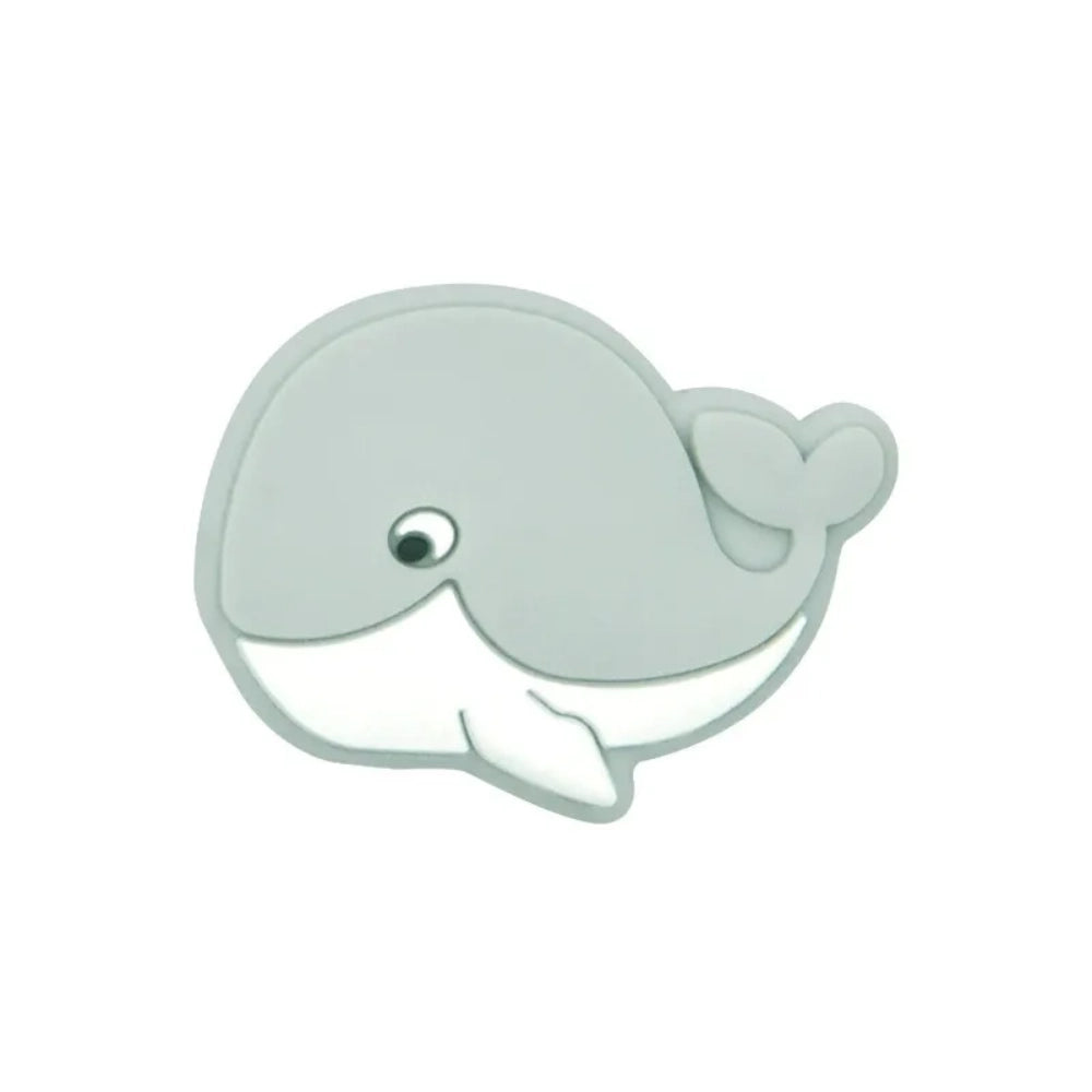 Eight cute whale silicone focal beads in assorted pastel and bold colors including pink, mint, blue, gray, and teal on a white background. - 5