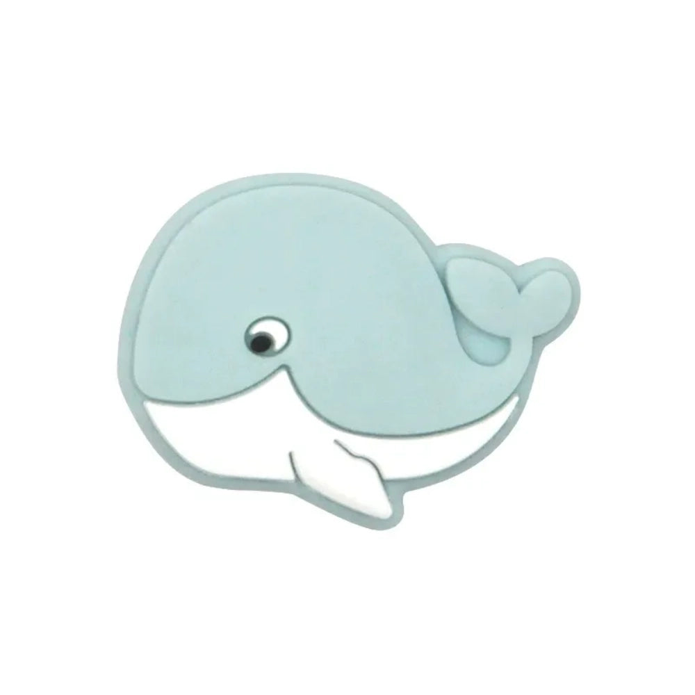 Eight cute whale silicone focal beads in assorted pastel and bold colors including pink, mint, blue, gray, and teal on a white background. - 7