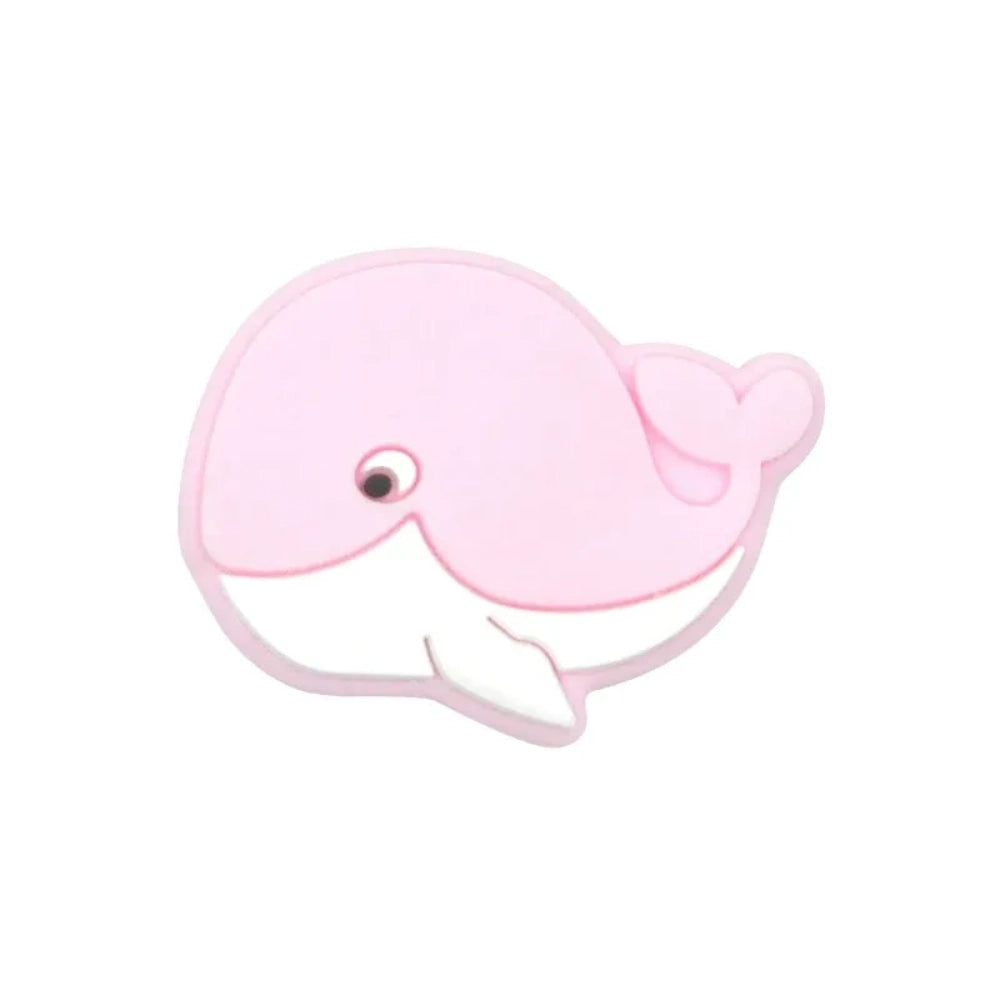 Eight cute whale silicone focal beads in assorted pastel and bold colors including pink, mint, blue, gray, and teal on a white background. - 8