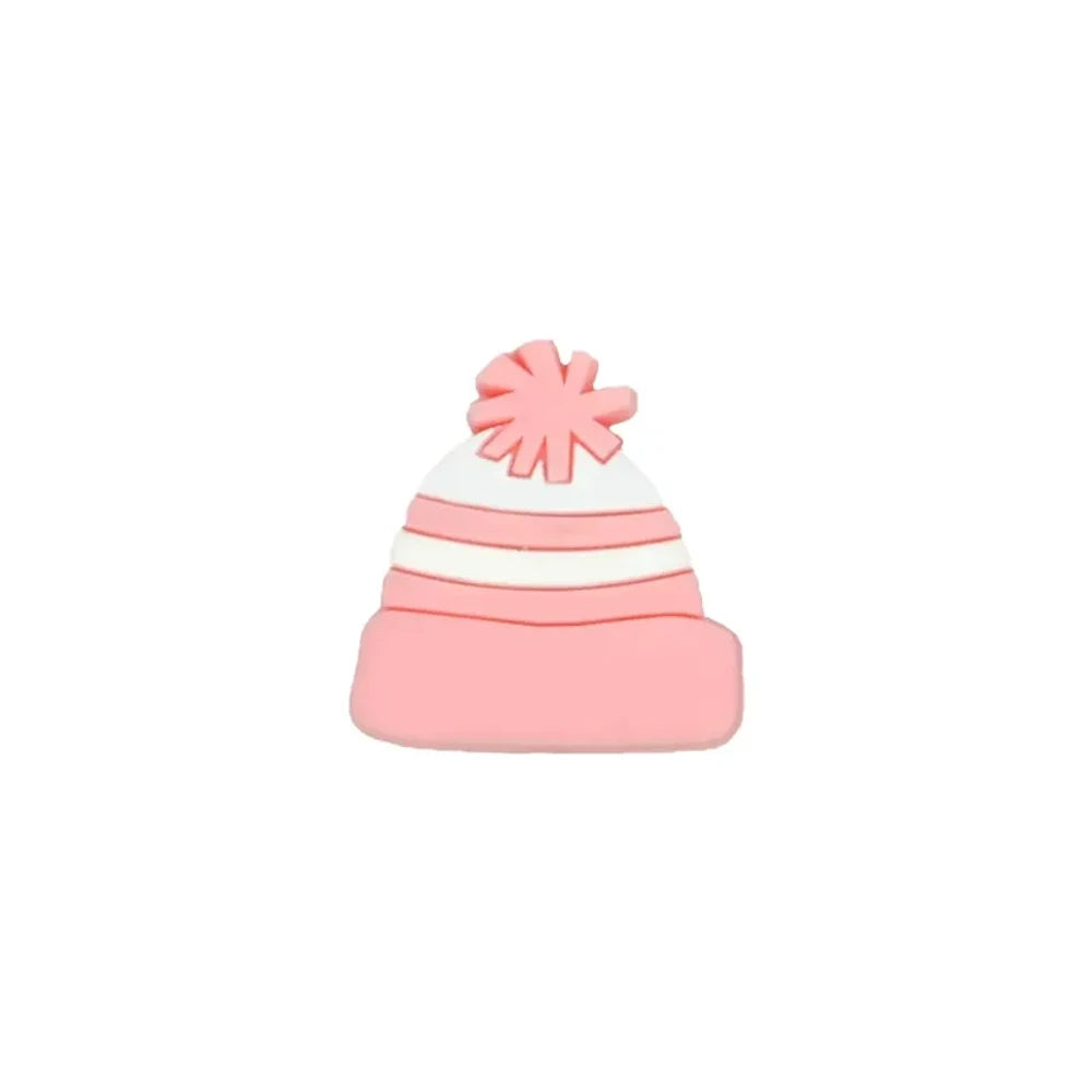 Six colorful silicone winter beanie hat focal beads with pom poms in hot pink, teal, blue, red, light pink, and peach arranged in a star pattern on a white background. - Candy Pink