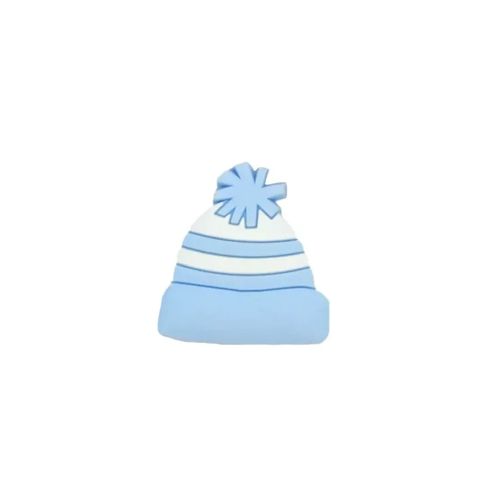 Six colorful silicone winter beanie hat focal beads with pom poms in hot pink, teal, blue, red, light pink, and peach arranged in a star pattern on a white background. - Light Blue