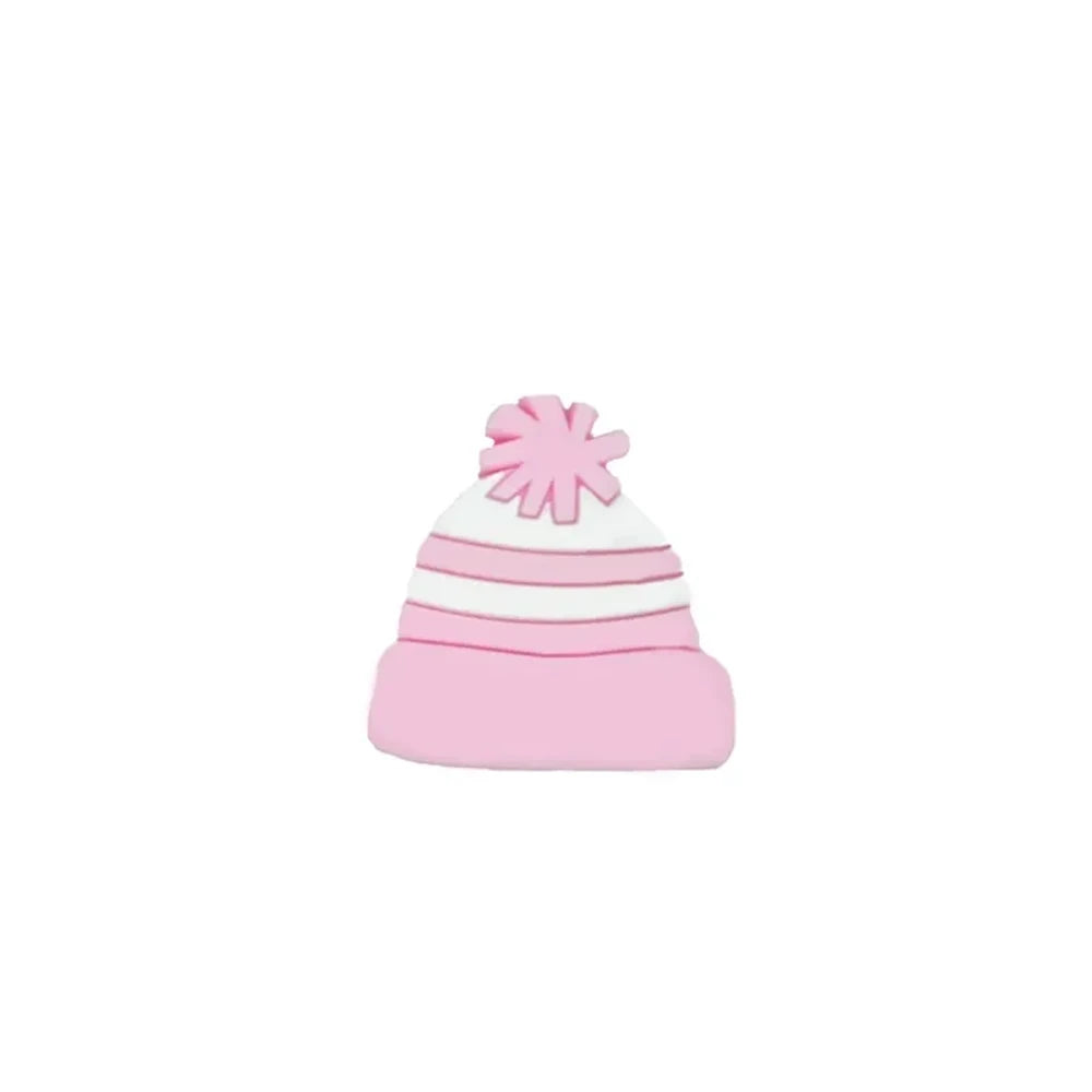 Six colorful silicone winter beanie hat focal beads with pom poms in hot pink, teal, blue, red, light pink, and peach arranged in a star pattern on a white background. - Light Pink