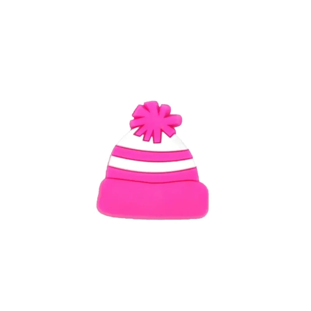 Six colorful silicone winter beanie hat focal beads with pom poms in hot pink, teal, blue, red, light pink, and peach arranged in a star pattern on a white background. - Purple-Red