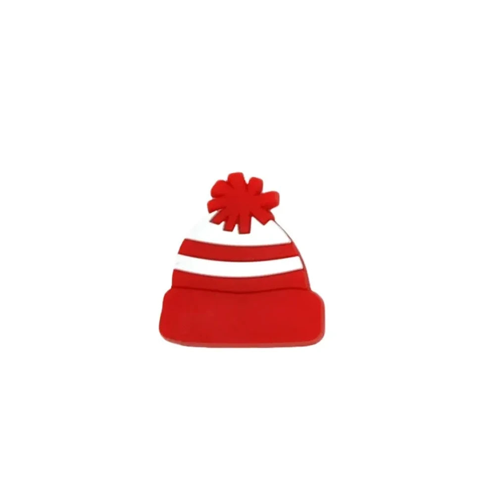 Six colorful silicone winter beanie hat focal beads with pom poms in hot pink, teal, blue, red, light pink, and peach arranged in a star pattern on a white background. - Red