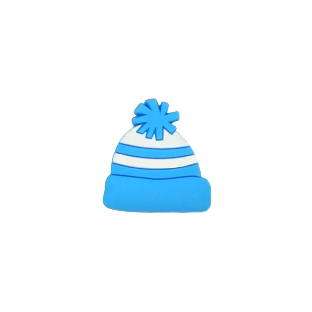 Six colorful silicone winter beanie hat focal beads with pom poms in hot pink, teal, blue, red, light pink, and peach arranged in a star pattern on a white background. - Sky Blue