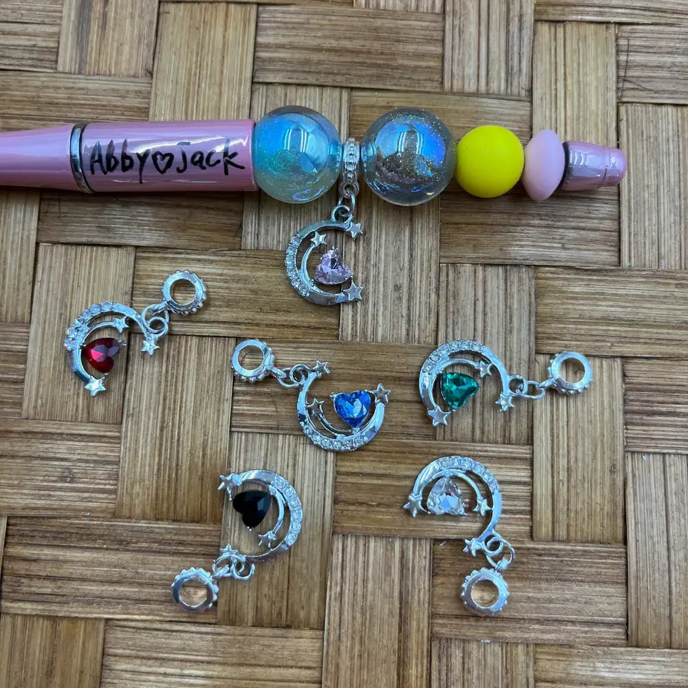 Silver Crescent Moon Heart Crystal Bail Beads | Beadable Pens Bracelets DIY