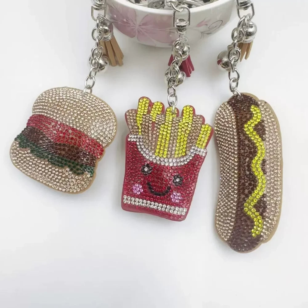 Assorted rhinestone fancy beads shaped like a burger, fries, and hotdog for beadable pens, keychains, and badge reels - Random Mixed