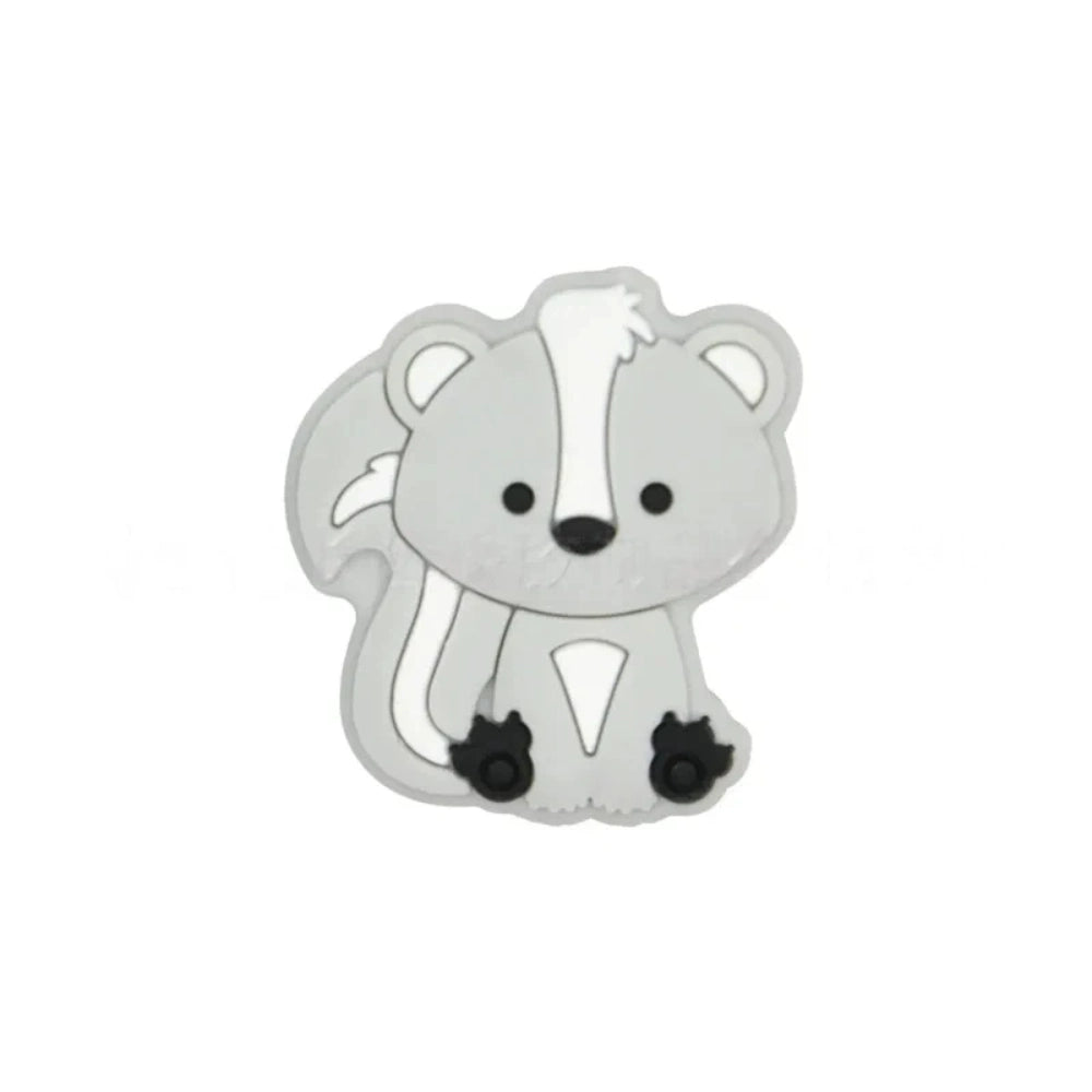Two cute cartoon skunk silicone focal beads side by side — one black with white stripes and one gray with white stripes — for beadable pens and DIY crafts. - Light Gray