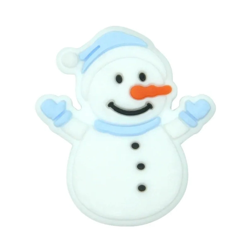 Assorted color snowman silicone focal beads with hats and scarves displayed on a miniature white bench, shown in red, blue, green, and pink accent variations on a light blue background. - 1