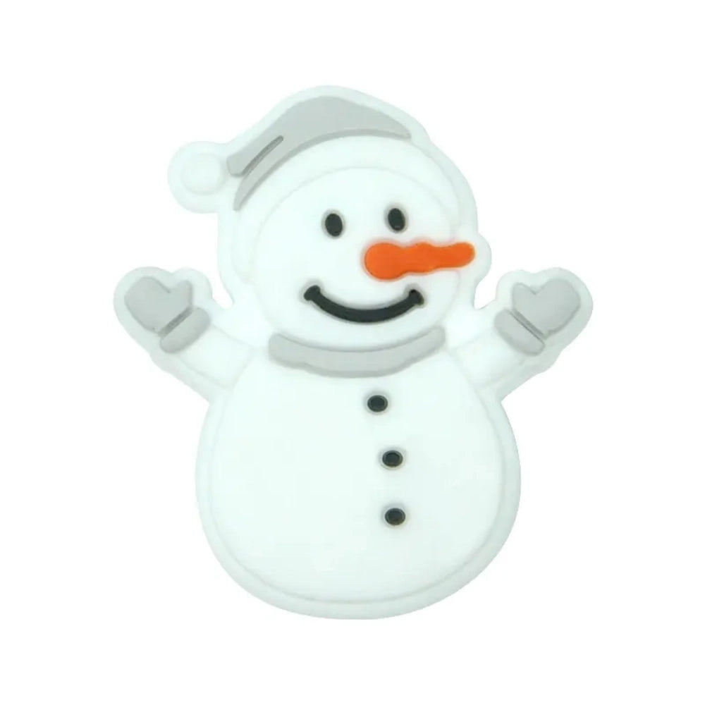 Assorted color snowman silicone focal beads with hats and scarves displayed on a miniature white bench, shown in red, blue, green, and pink accent variations on a light blue background. - 2