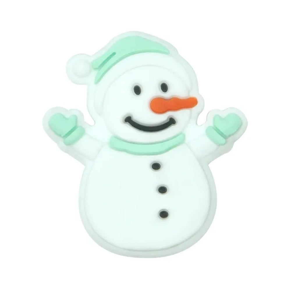 Assorted color snowman silicone focal beads with hats and scarves displayed on a miniature white bench, shown in red, blue, green, and pink accent variations on a light blue background. - 3