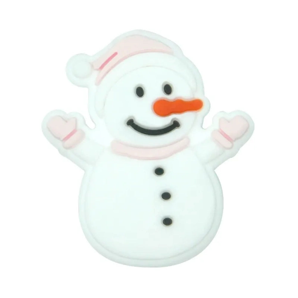 Assorted color snowman silicone focal beads with hats and scarves displayed on a miniature white bench, shown in red, blue, green, and pink accent variations on a light blue background. - 4