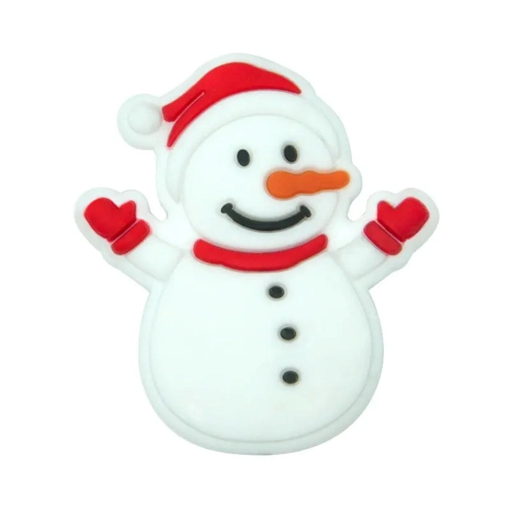 Assorted color snowman silicone focal beads with hats and scarves displayed on a miniature white bench, shown in red, blue, green, and pink accent variations on a light blue background. - 5