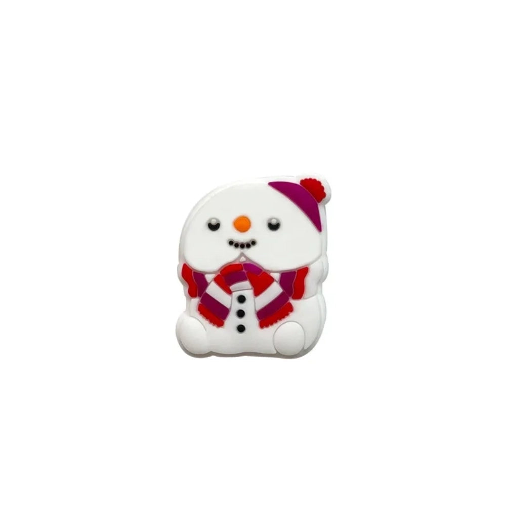 Five white silicone snowman focal beads wearing colorful striped scarves and knit hats in teal and red, displayed on a white pedestal with a blue background. - Red