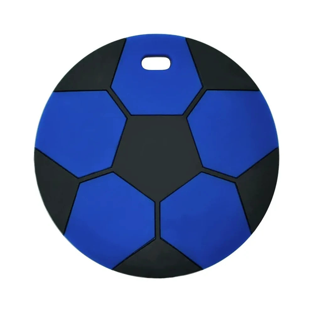 Eight soccer ball silicone flatback focal beads in assorted colors including black and white, yellow, red, blue, grey, mint, light blue, and sky blue, each with a small hole for crafting. - Blue