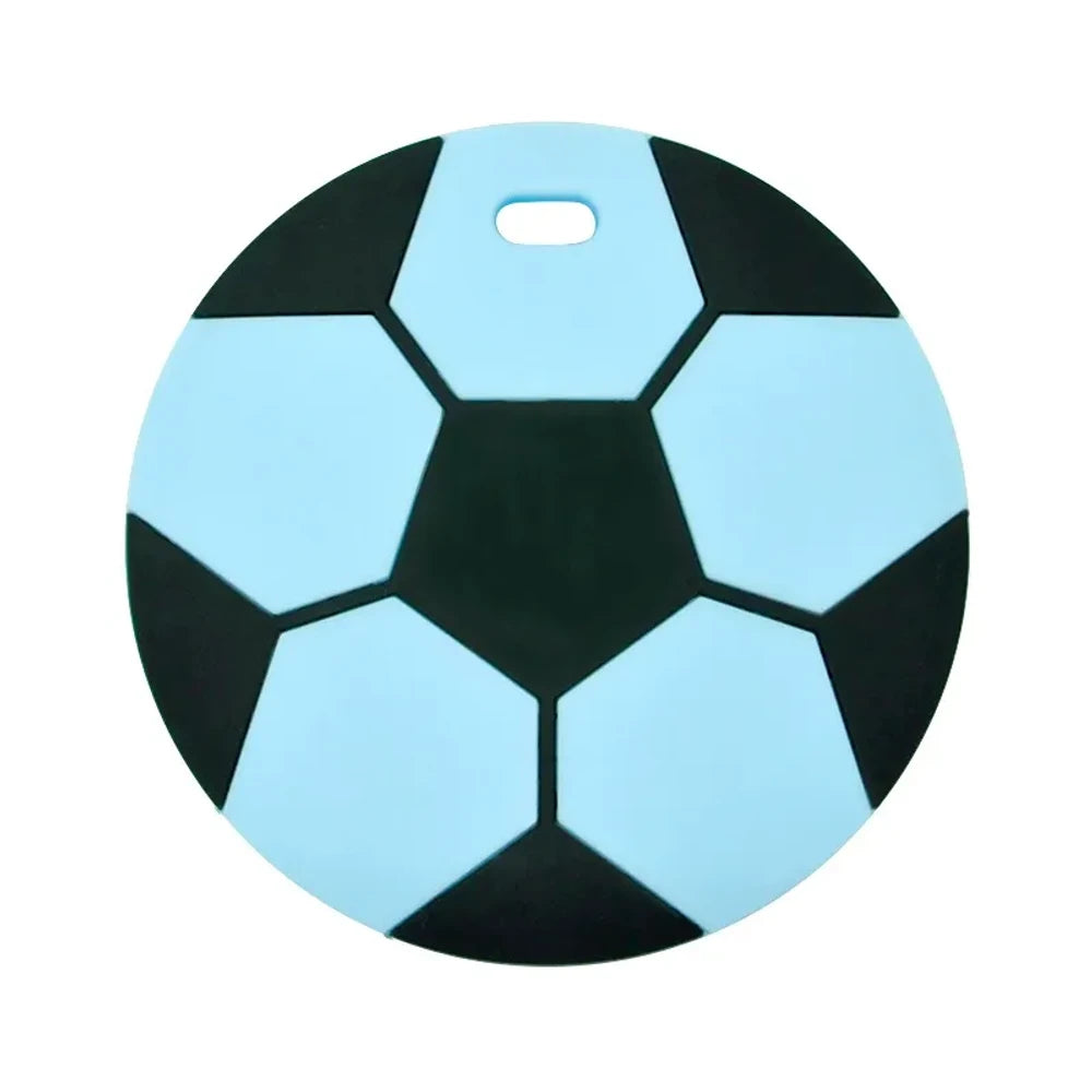Eight soccer ball silicone flatback focal beads in assorted colors including black and white, yellow, red, blue, grey, mint, light blue, and sky blue, each with a small hole for crafting. - Light Blue