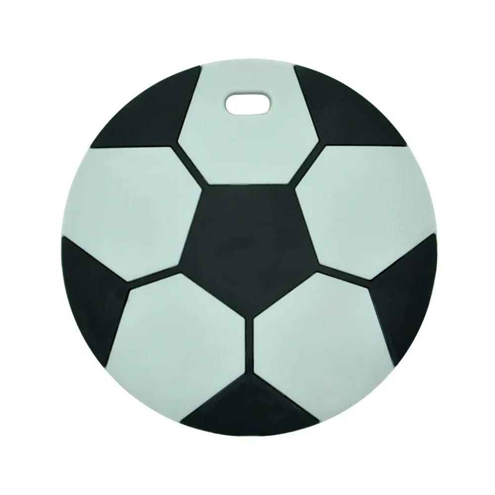 Eight soccer ball silicone flatback focal beads in assorted colors including black and white, yellow, red, blue, grey, mint, light blue, and sky blue, each with a small hole for crafting. - Light Gray