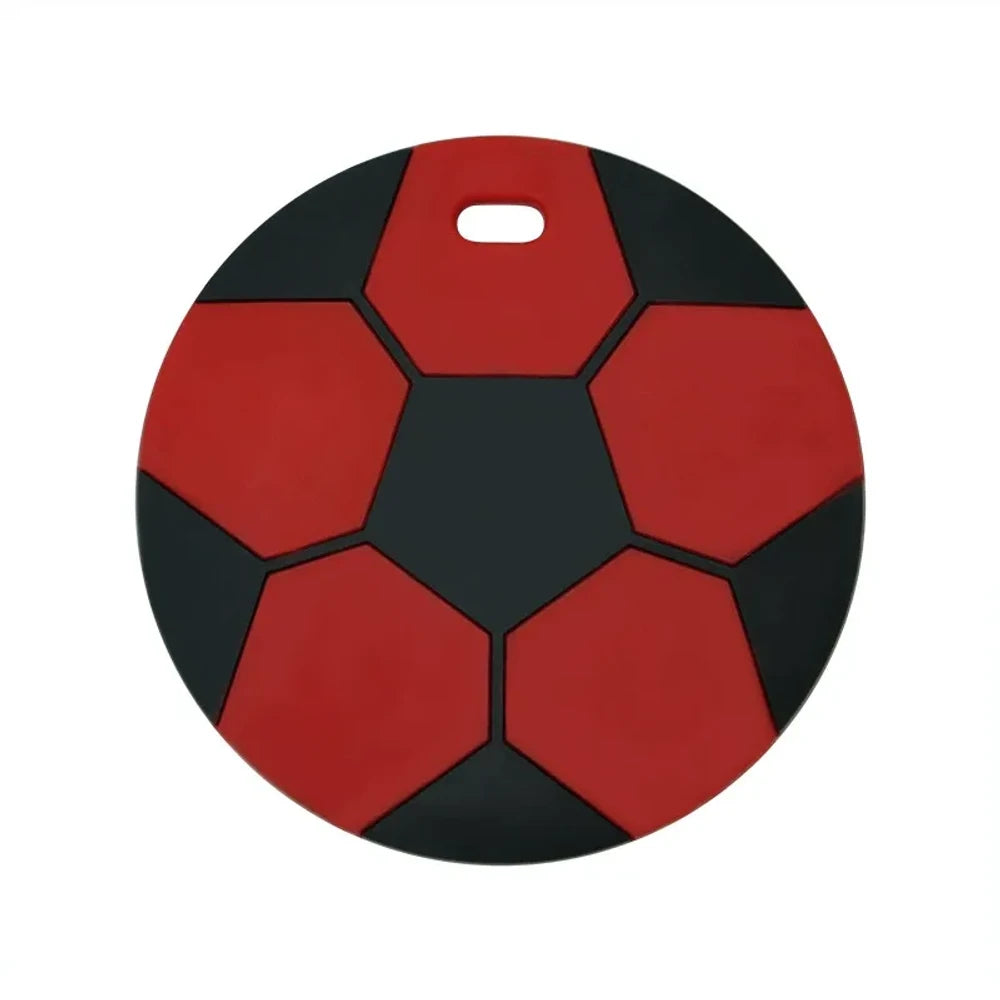 Eight soccer ball silicone flatback focal beads in assorted colors including black and white, yellow, red, blue, grey, mint, light blue, and sky blue, each with a small hole for crafting. - Red