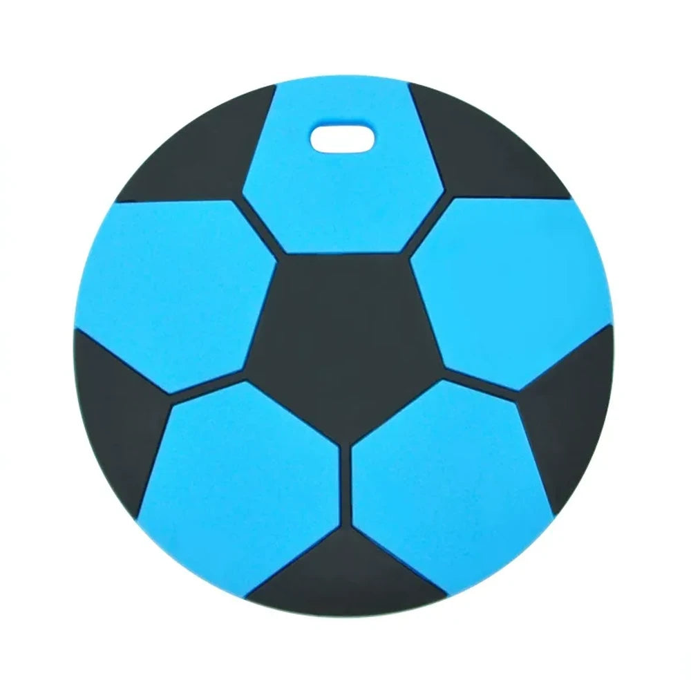Eight soccer ball silicone flatback focal beads in assorted colors including black and white, yellow, red, blue, grey, mint, light blue, and sky blue, each with a small hole for crafting. - Sky Blue